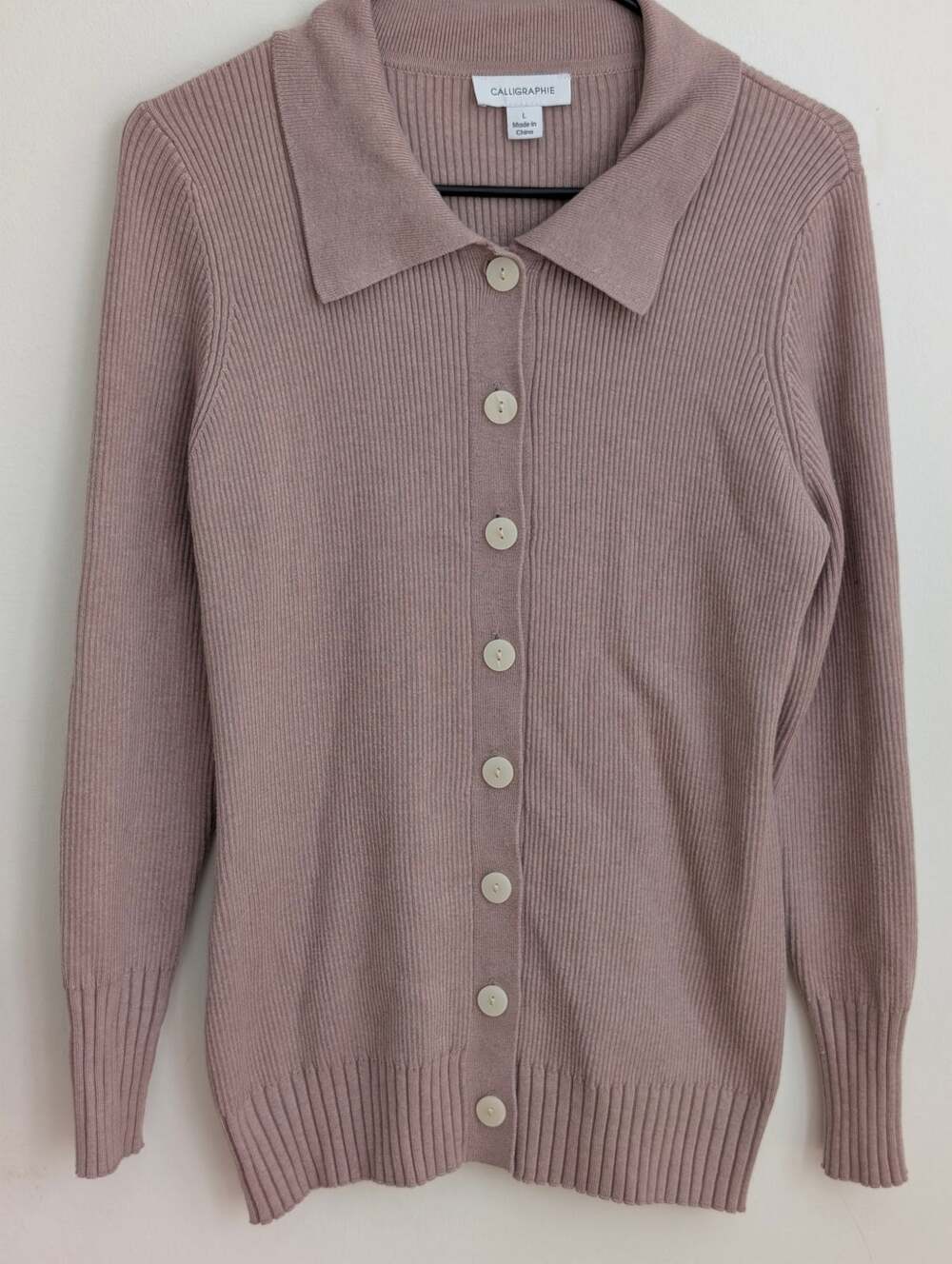 Calligraphie Ribbed Knit Collared Cardigan Sweater Mauve Taupe Button Front L